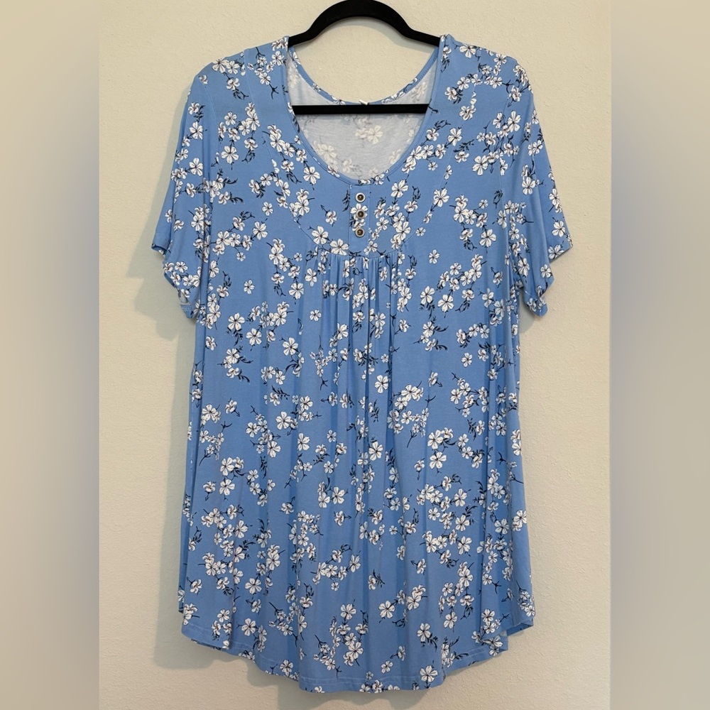 Blue Relaxed Fit Short Sleeve Tunic with Pleats